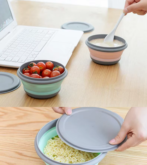 3-Piece Silicone Folding Lunch Box Set with Lids – Portable & Space-Saving Picnic and Camping Bowls
