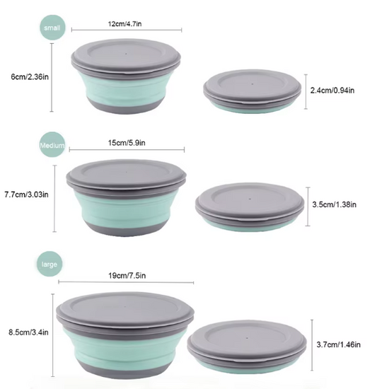 3-Piece Silicone Folding Lunch Box Set with Lids – Portable & Space-Saving Picnic and Camping Bowls